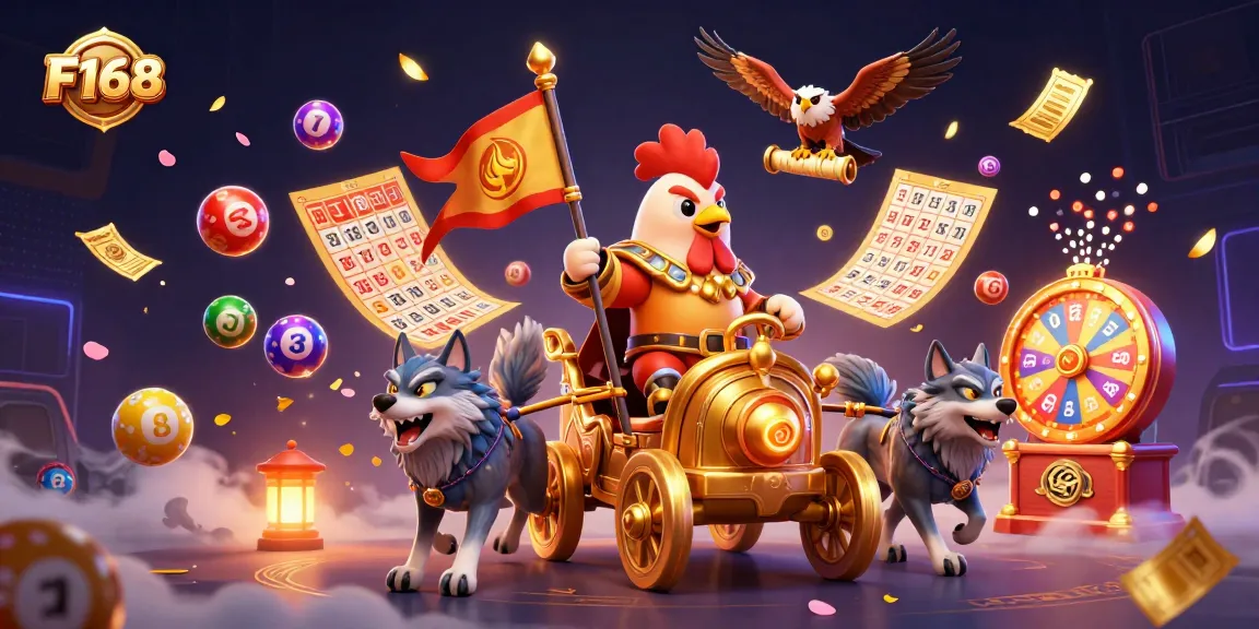 Experience the excitement at F168 with a dynamic scene of a rooster warlord amidst golden chariots and bouncing lottery balls.