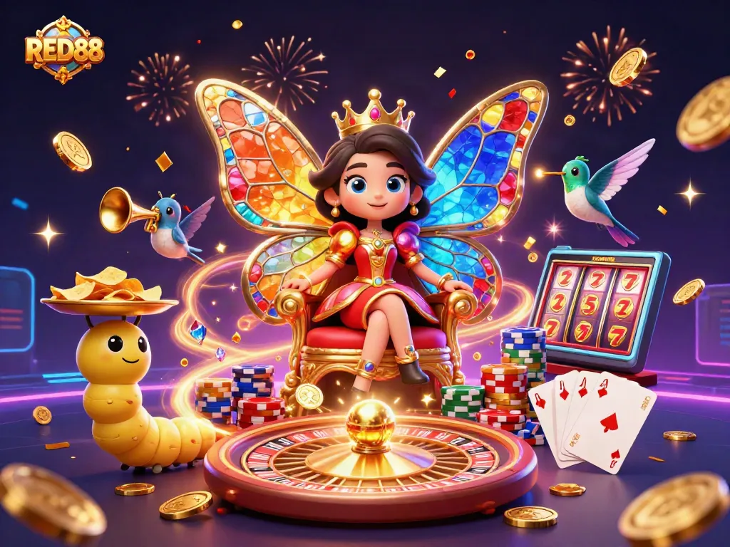 Engage with RED88 casino excitement featuring a butterfly queen, golden coins, and dynamic gaming elements.