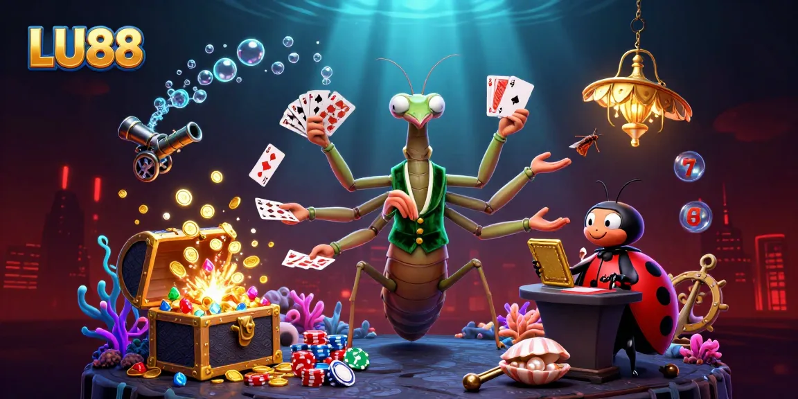 LU88 showcases a vibrant casino scene with a giant mantis dealing cards amidst vibrant gaming elements.