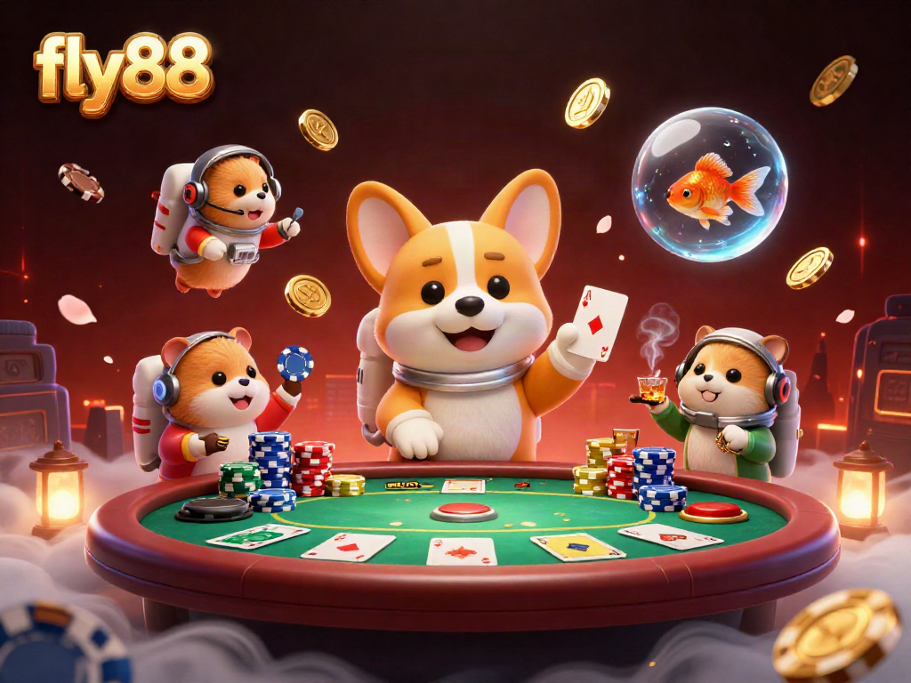 Fly88 showcases an astronaut corgi in a vibrant space casino with floating poker elements.