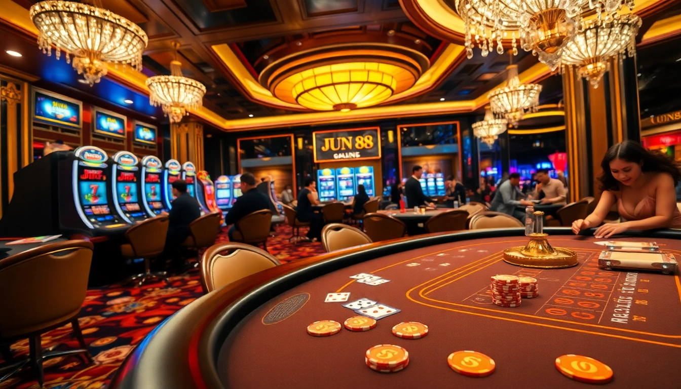 Engaging scene at Jun 88 casino with players enjoying poker and roulette games, vibrant ambiance.