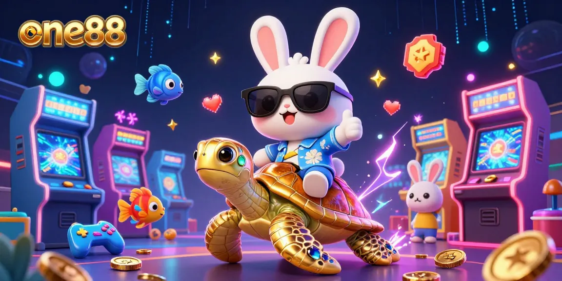 Engage in thrilling gameplay with one88, where a lucky rabbit rides a golden turtle amidst vibrant gaming elements.
