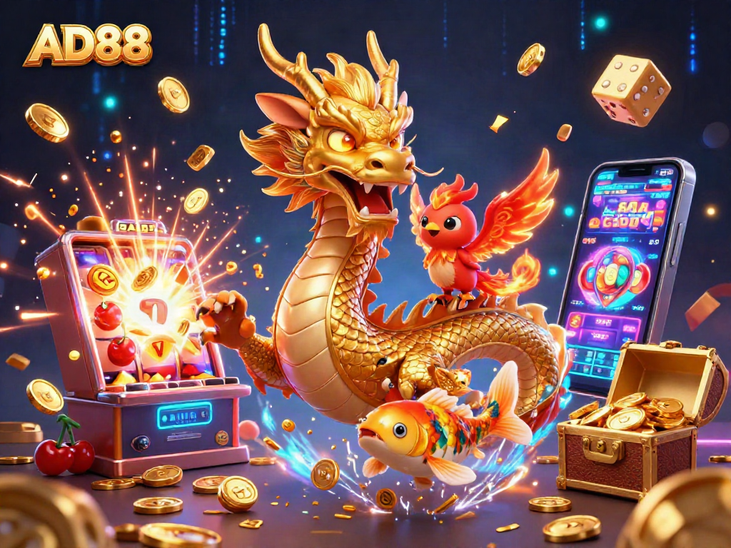 Experience the thrill of casino gaming with AD88 through this vibrant and dynamic illustration.