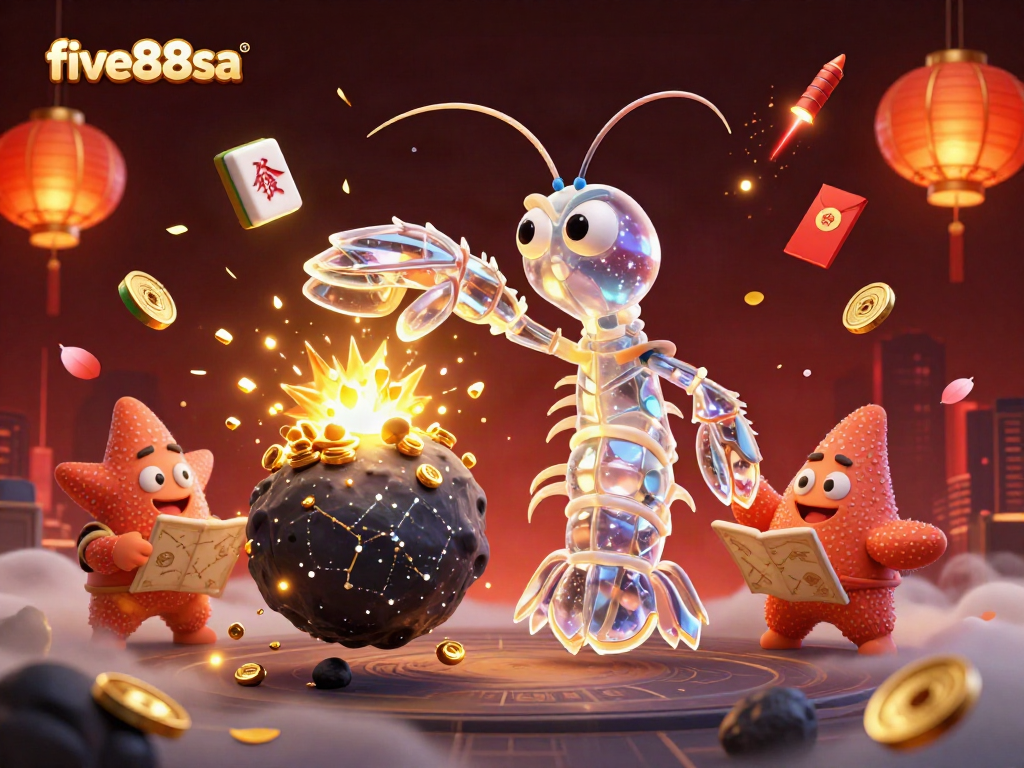 Experience thrilling action with five88sa as the galactic samurai mantis shrimp bursts through an asteroid showering gems.