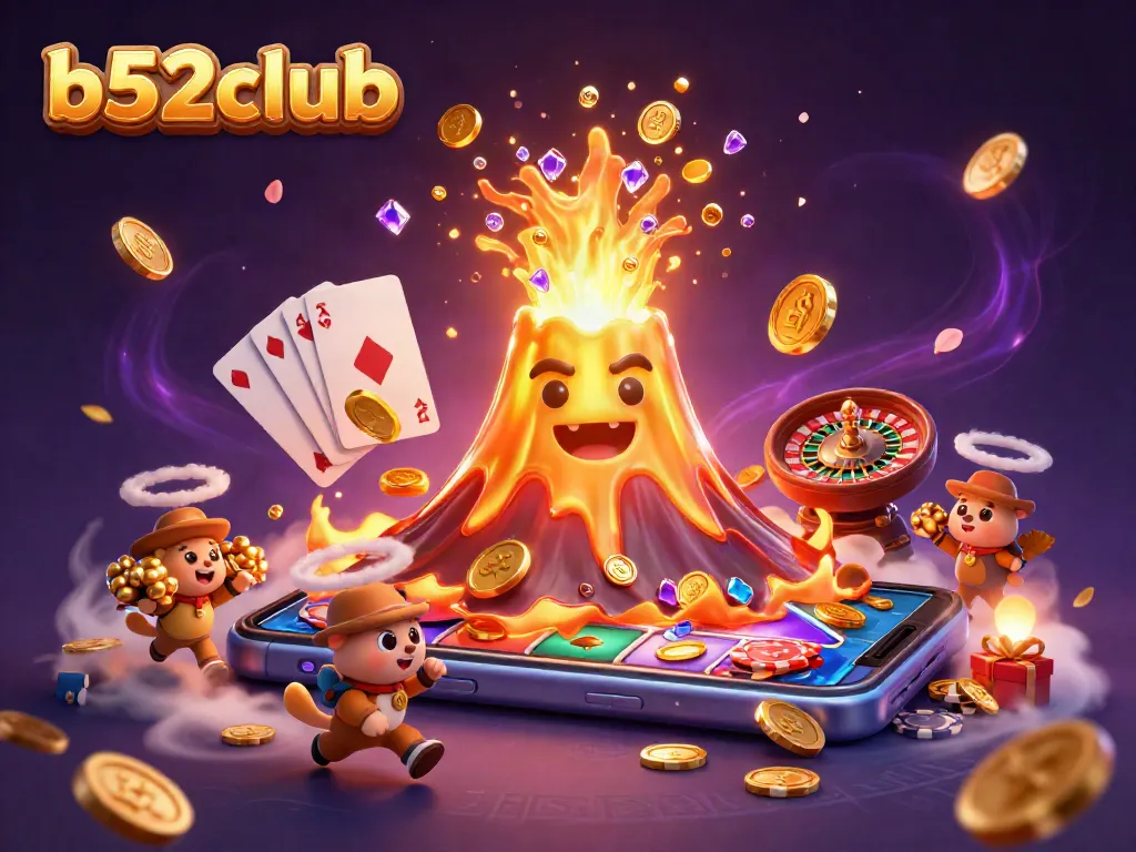 Experience the excitement of b52club with a vibrant 3D illustration of a golden volcano erupting coins and treasures.