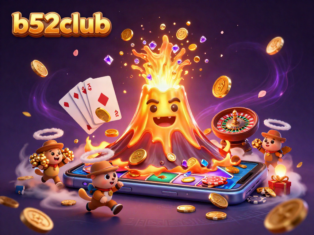 Experience the excitement of b52club with a vibrant 3D illustration of a golden volcano erupting coins and treasures.