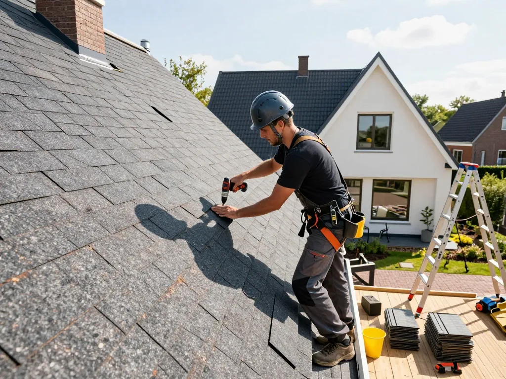 Vakkundige dakdekker Utrecht die dakshingles aanbrengt op een modern huis, en vakmanschap en dakmaterialen laat zien in een zonnige omgeving.