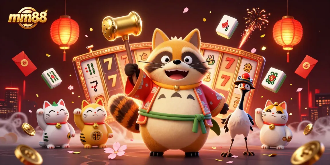 Experience the excitement of MM88 with a vibrant 3D casino scene featuring tanuki and fortune cats.