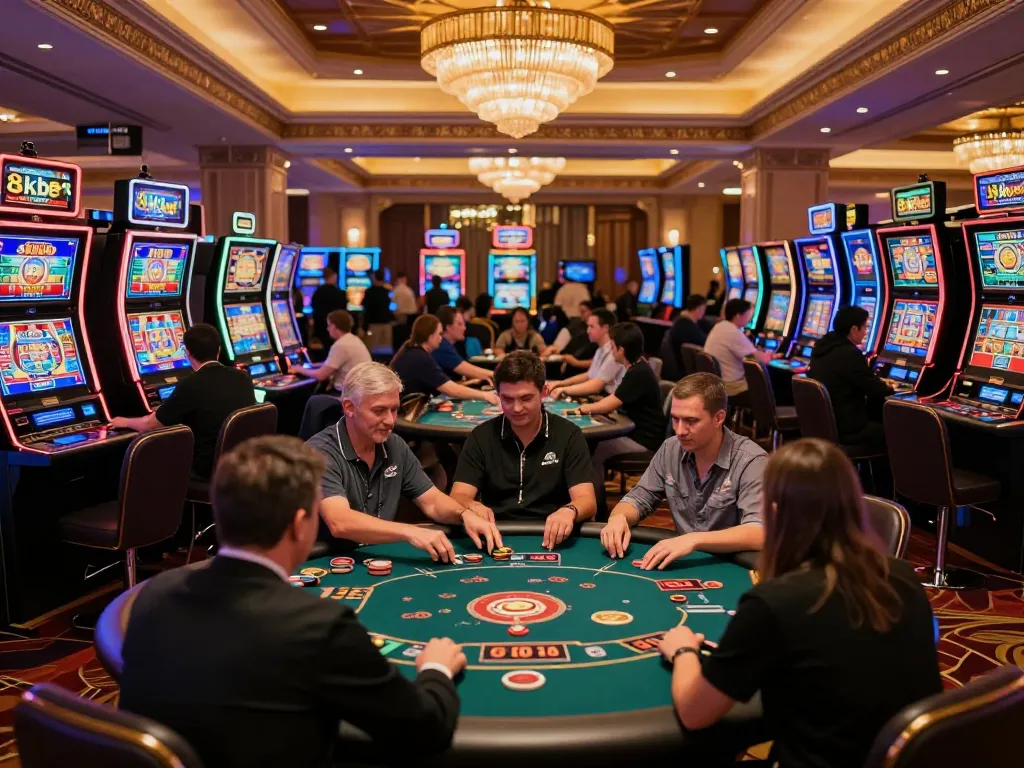 Players experiencing the thrill of live casino gaming at 8kbet amid vibrant slot machines and poker tables.