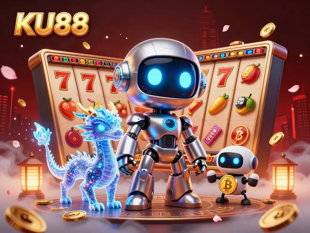Play thrilling jackpot slots on KU88 with a captivating cyberpunk-themed digital illustration showcasing vibrant gaming elements.