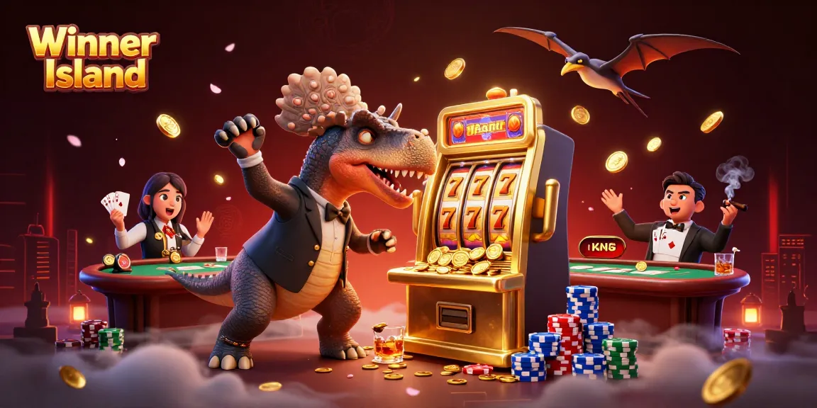 Winner Island casino scene featuring vibrant slot machines and dynamic characters celebrating a jackpot.