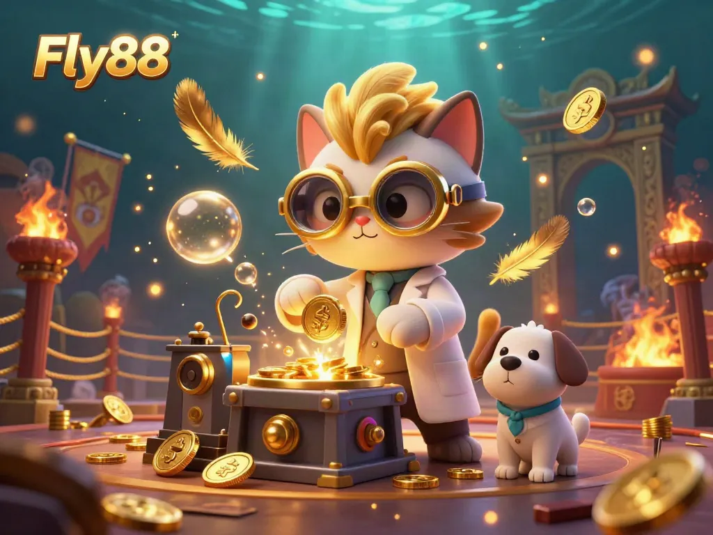 Experience thrilling gameplay with Fly88 in a vibrant 3D casino scene featuring unique characters.