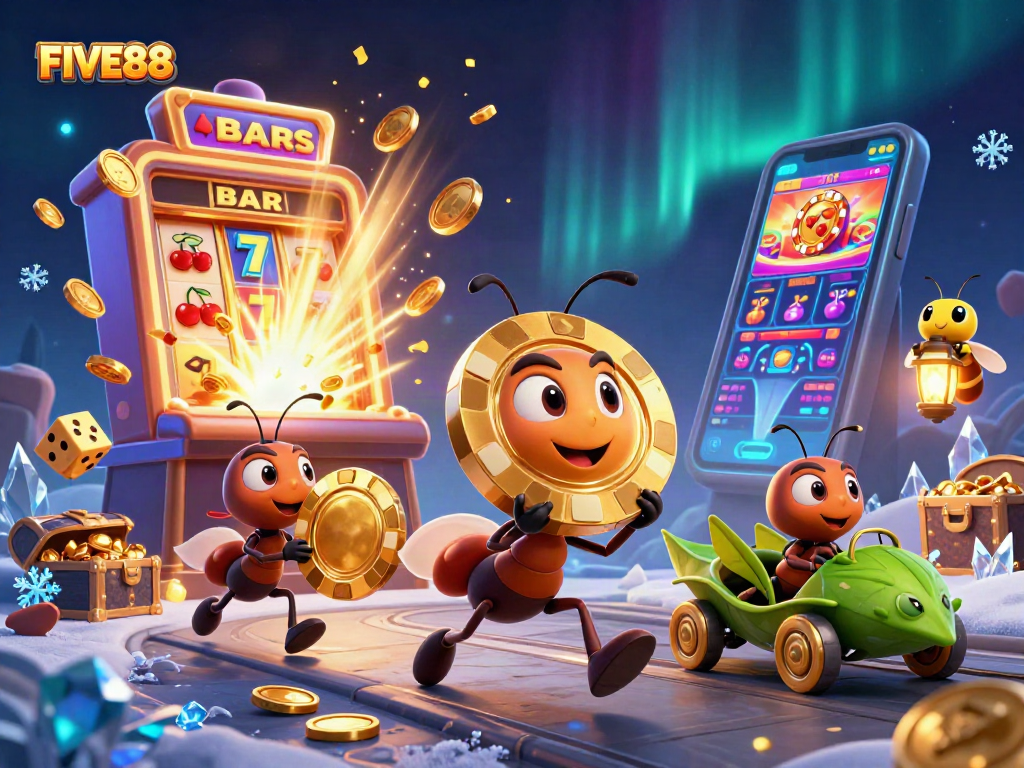 Engage with FIVE88's thrilling casino atmosphere featuring a cartoon heist scene with ants, slot machines, and golden treasures.