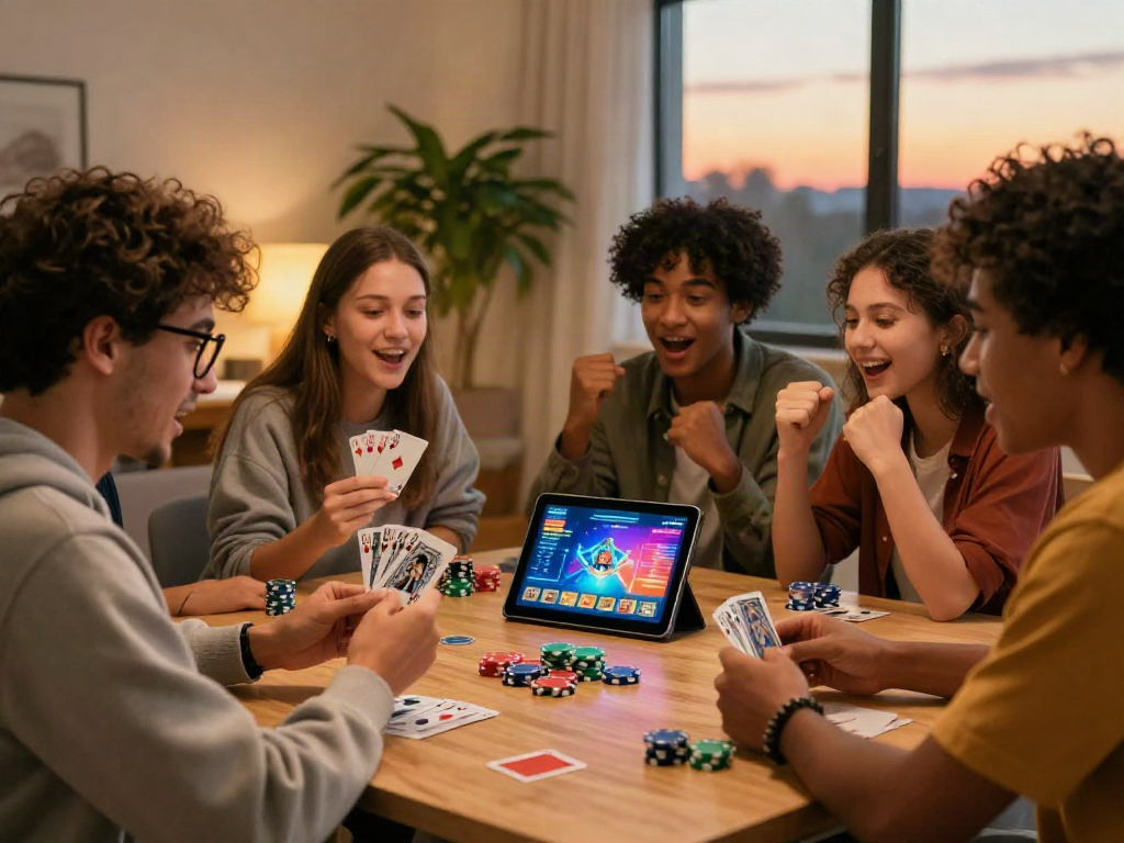 Exciting gaming moments at https://hitclub3.io/ with friends playing cards and cheering in a cozy environment.