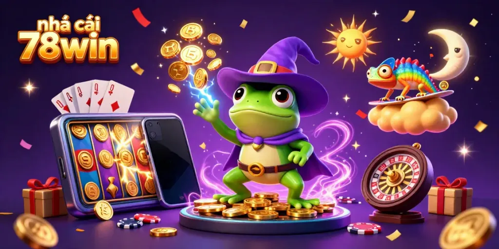 Experience the thrill at nhà cái 78win with exciting casino elements and magical creatures in a vibrant scene.