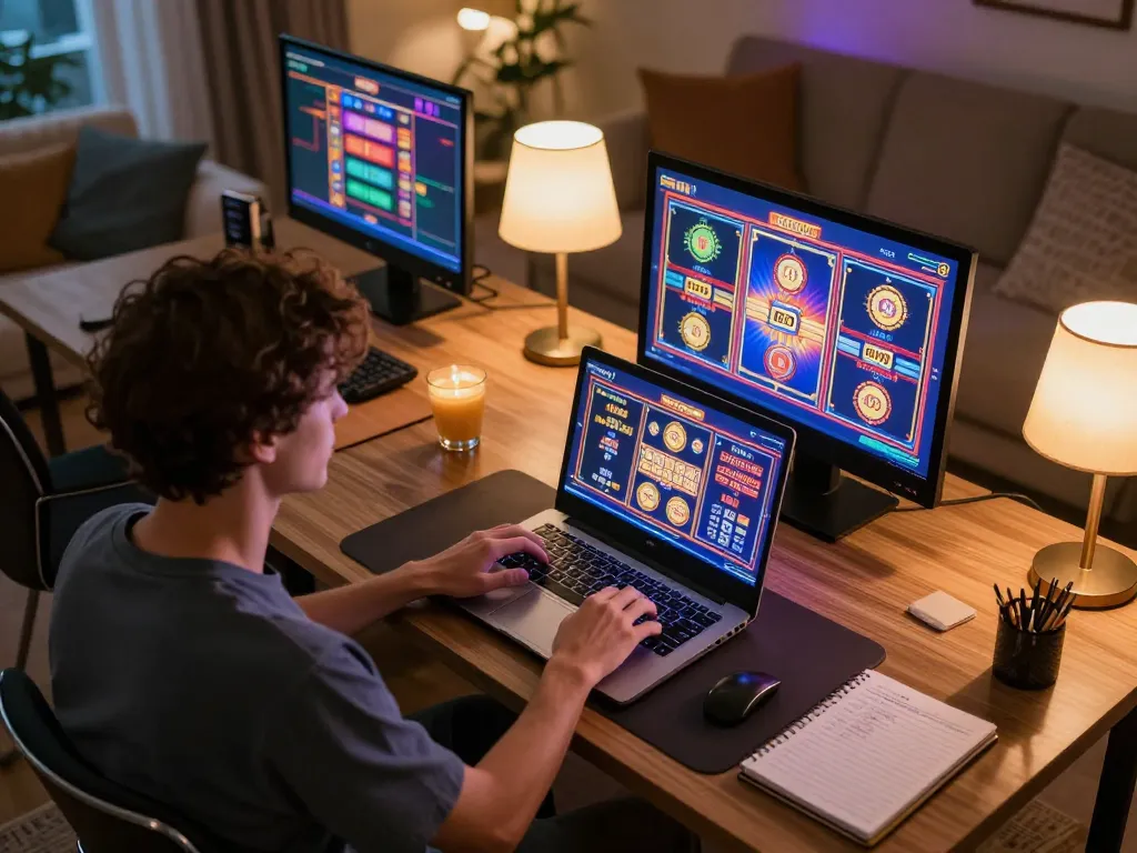 Player enjoying online slot games on 555win from a cozy home setting