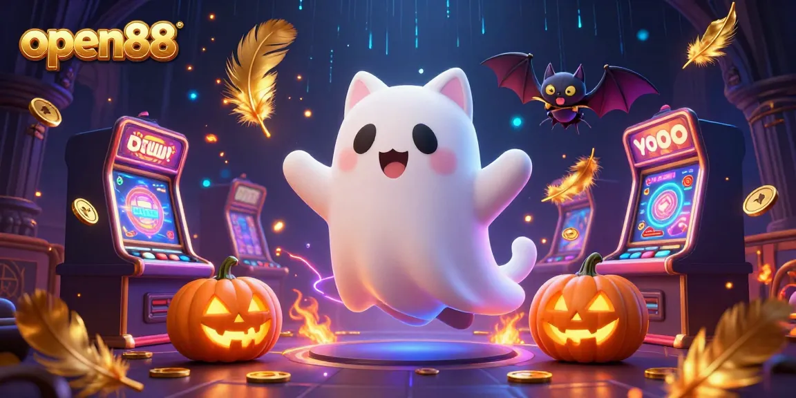 Experience thrilling wins at open88 with a friendly ghost cat in a haunted casino atmosphere.