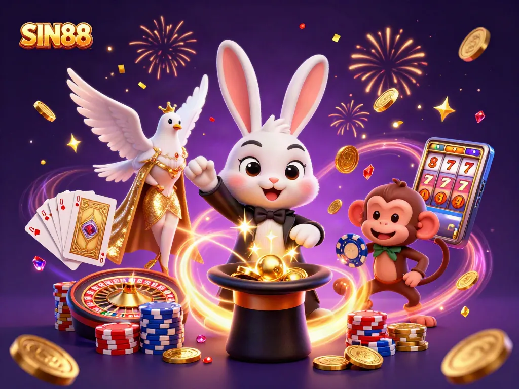 SIN88's energetic casino illustration featuring a magician rabbit, dove, and monkey amongst dazzling gaming elements.