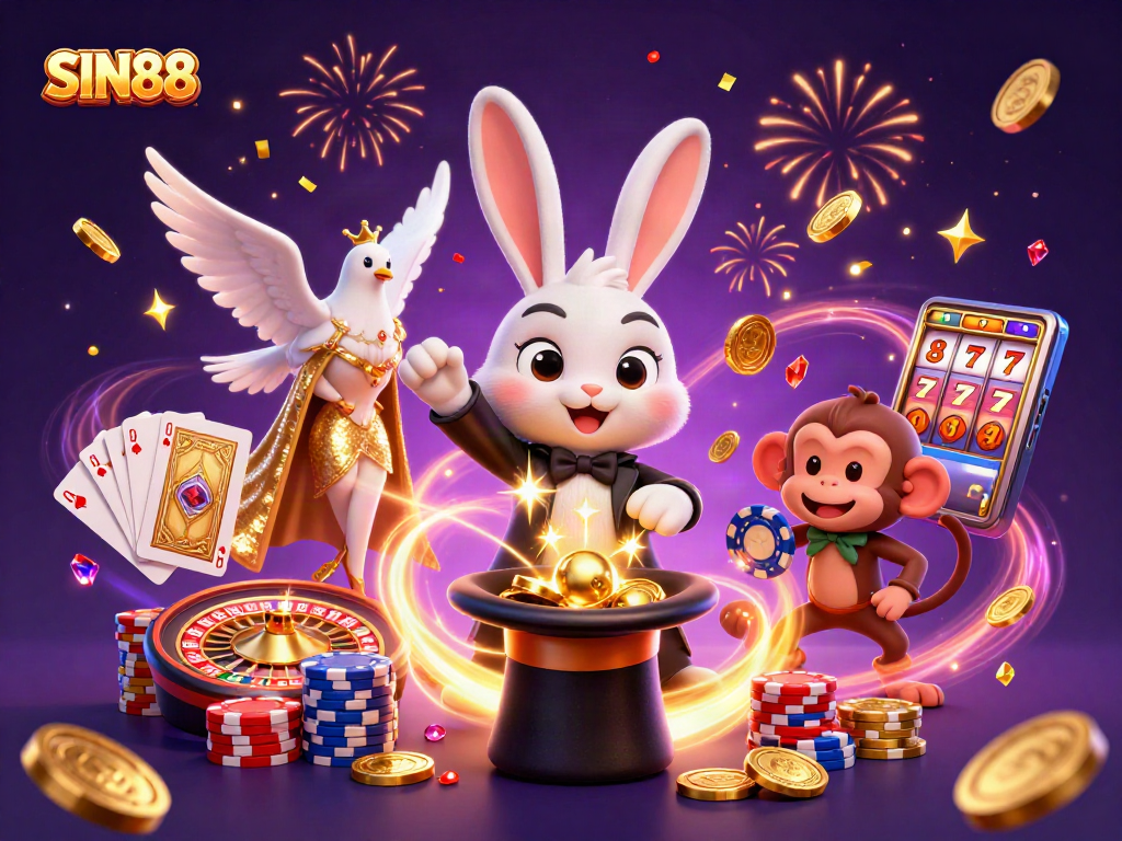 SIN88's energetic casino illustration featuring a magician rabbit, dove, and monkey amongst dazzling gaming elements.