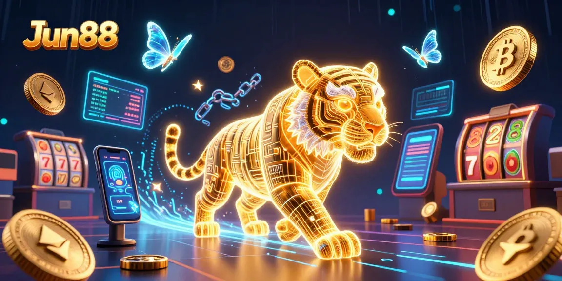 Experience the thrill of Jun88 with a vibrant digital casino featuring a golden tiger and crypto elements.