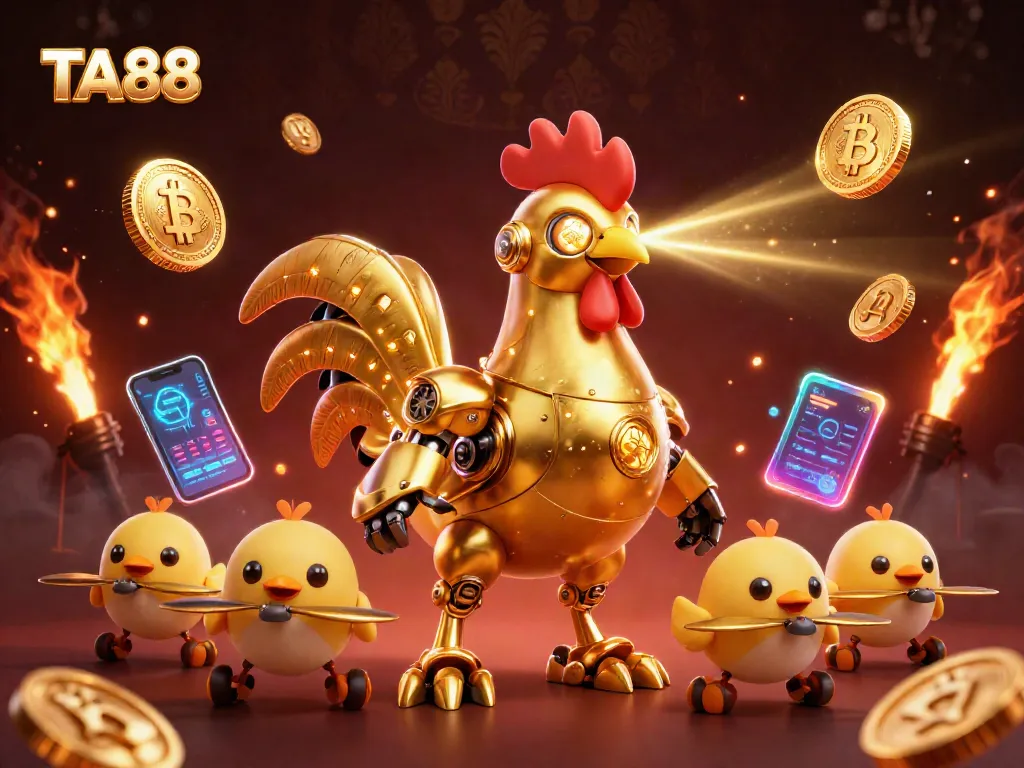 TA88 illustrates an exciting online casino scene with a golden rooster robot and cryptocurrency elements.