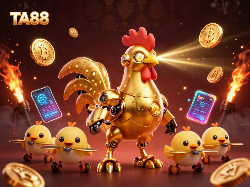TA88 illustrates an exciting online casino scene with a golden rooster robot and cryptocurrency elements.