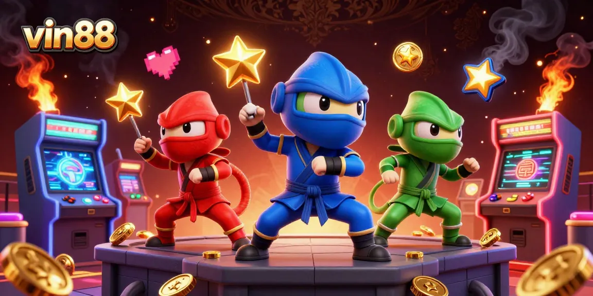 Win big with vin88 as chameleon ninjas showcase martial arts in a vibrant casino-themed scene.