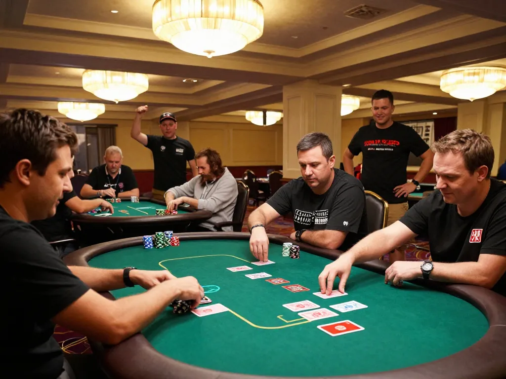 B52 CLUB poker players engage in a high-stakes game at an upscale casino tournament, showcasing intensity and excitement.
