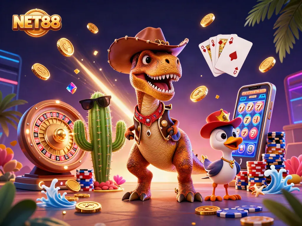 Join the action with NET88, showcasing a vibrant 3D casino scene filled with sparkling gems and golden coins.