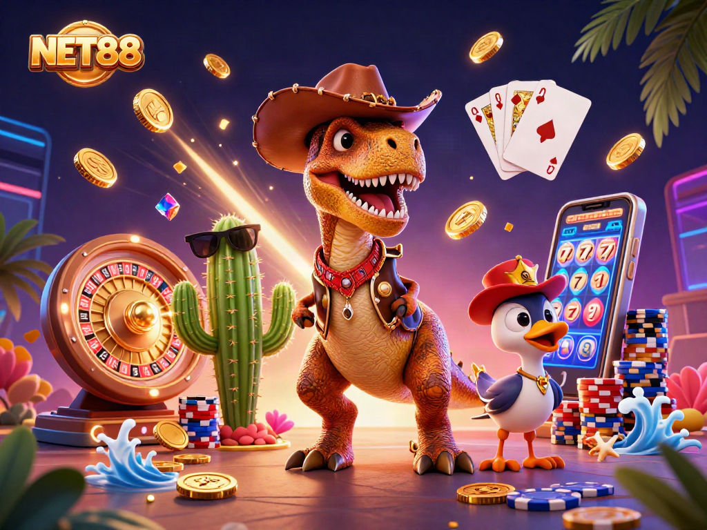 Join the action with NET88, showcasing a vibrant 3D casino scene filled with sparkling gems and golden coins.