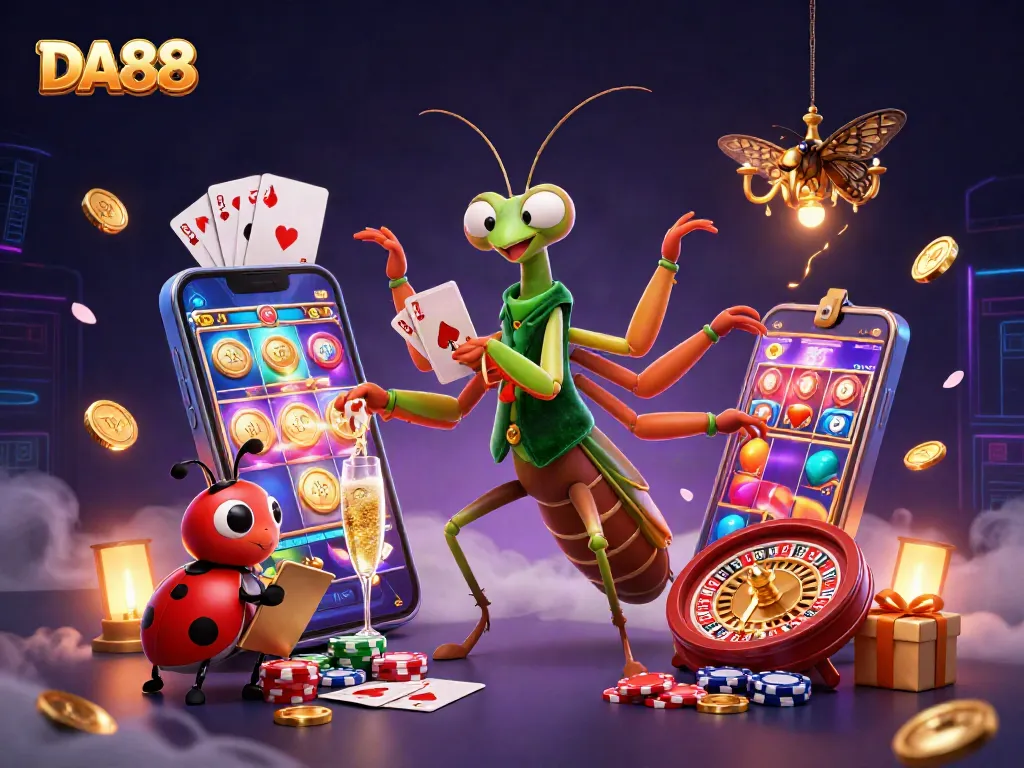 DA88 showcases a giant praying mantis card sharp dealing cards in a vibrant casino scene filled with games and coins.
