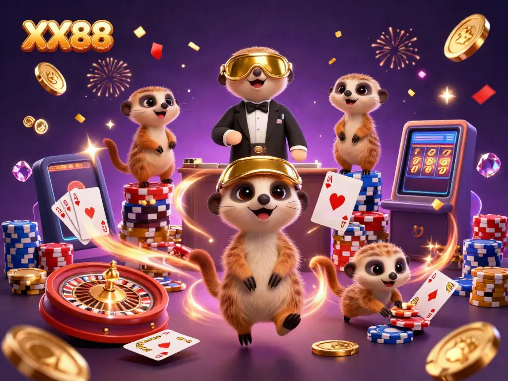 Experience the excitement of XX88's casino with cartoon meerkats amidst a vibrant gaming scene.