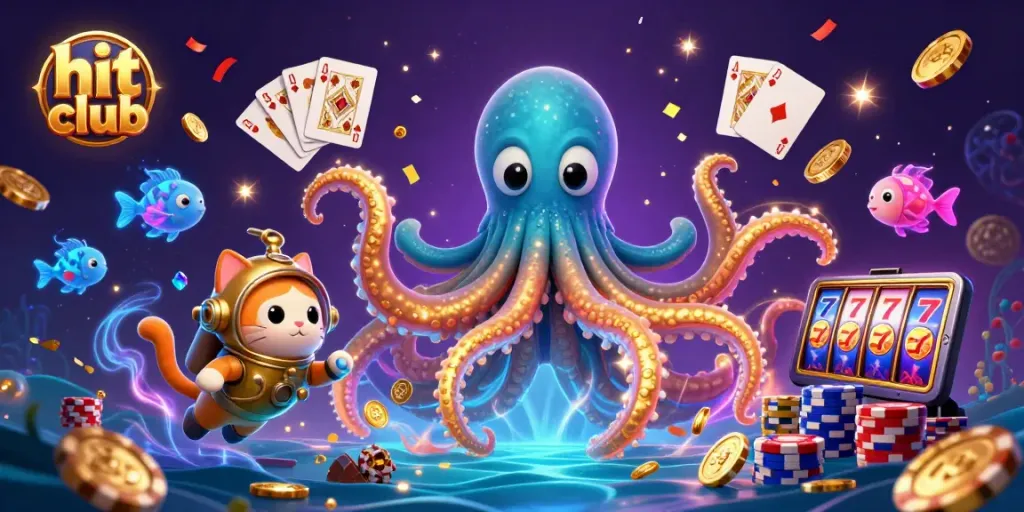 Experience thrilling wins at hit club with a colossal kraken, vibrant casino elements, and vibrant gaming action.