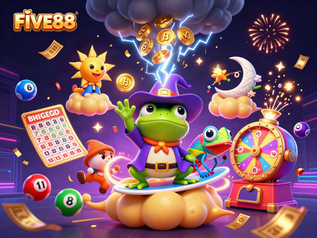 Engage with FIVE88 for thrilling wins as the magical frog conjures a gold storm.