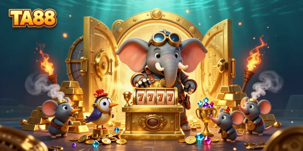 Spin the golden slot machine in the vibrant TA88 casino scene filled with treasures.