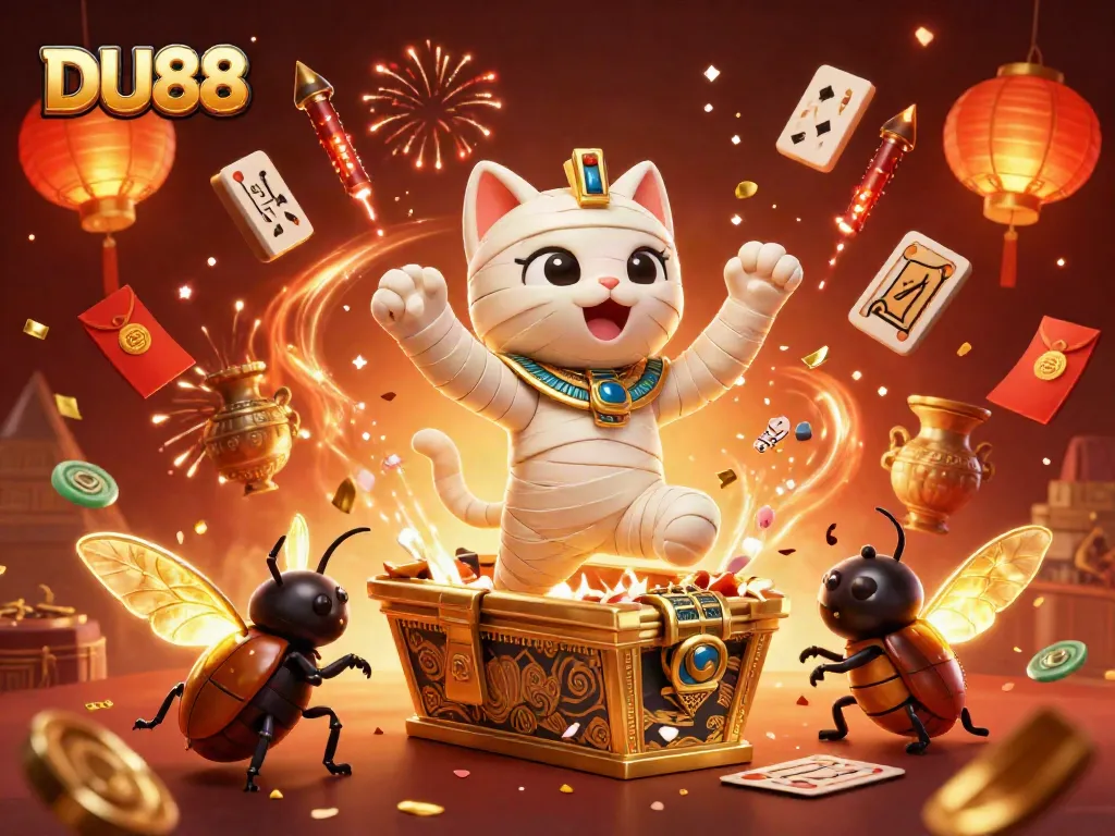 Experience DU88 with vibrant casino action featuring a mummy cat and glowing scarab in celebration.