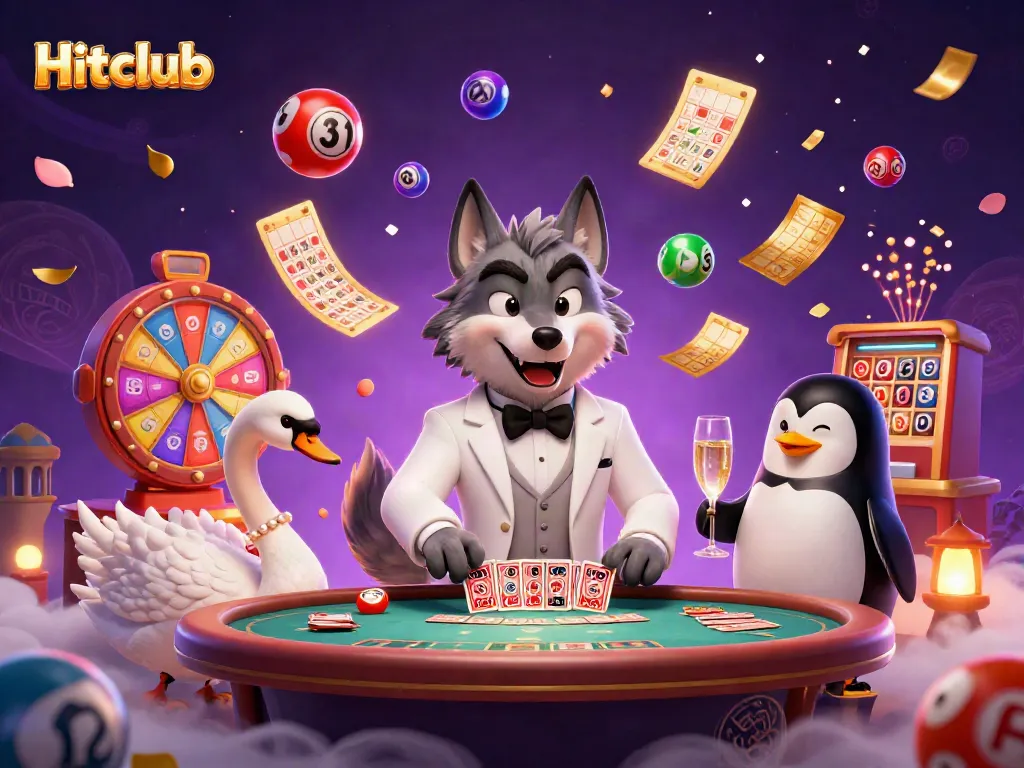 Hitclub features a debonair wolf, elegant swan, and sophisticated penguin in an energizing casino scene.