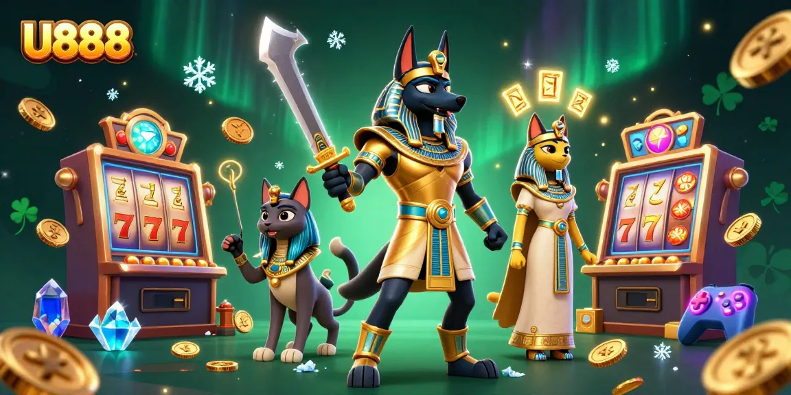 Experience thrilling slot action at U888 with ancient Egyptian warriors and vibrant casino elements.