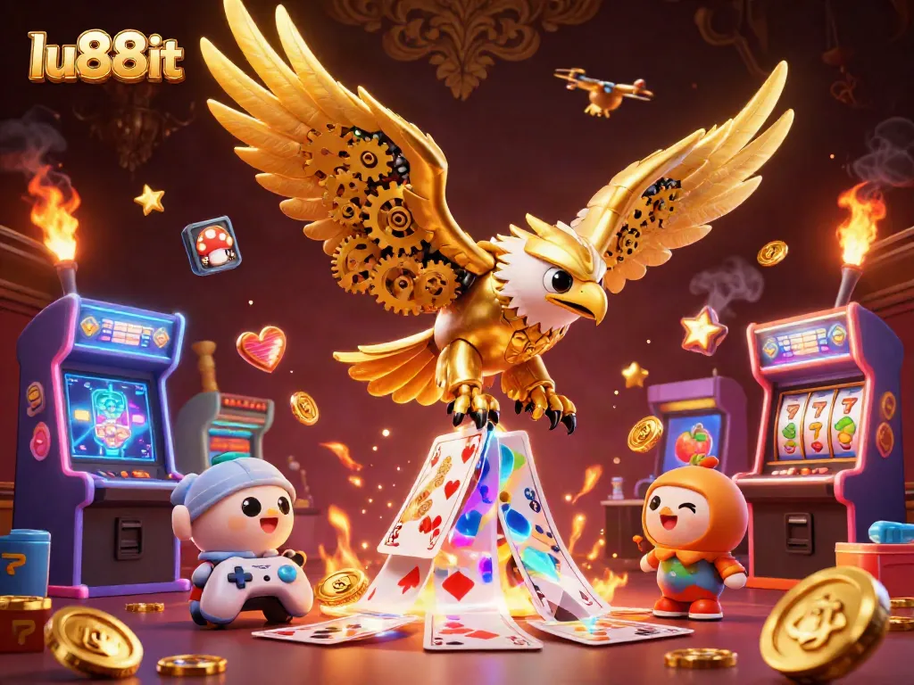 Experience thrilling gameplay with lu88it in an action-packed casino scene featuring a golden eagle and slot icons.