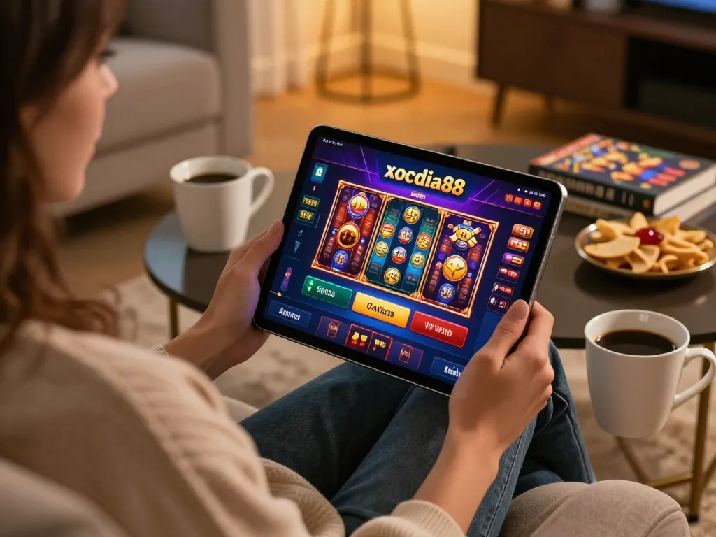 xocdia88 user enjoying online gaming with a tablet in cozy home atmosphere
