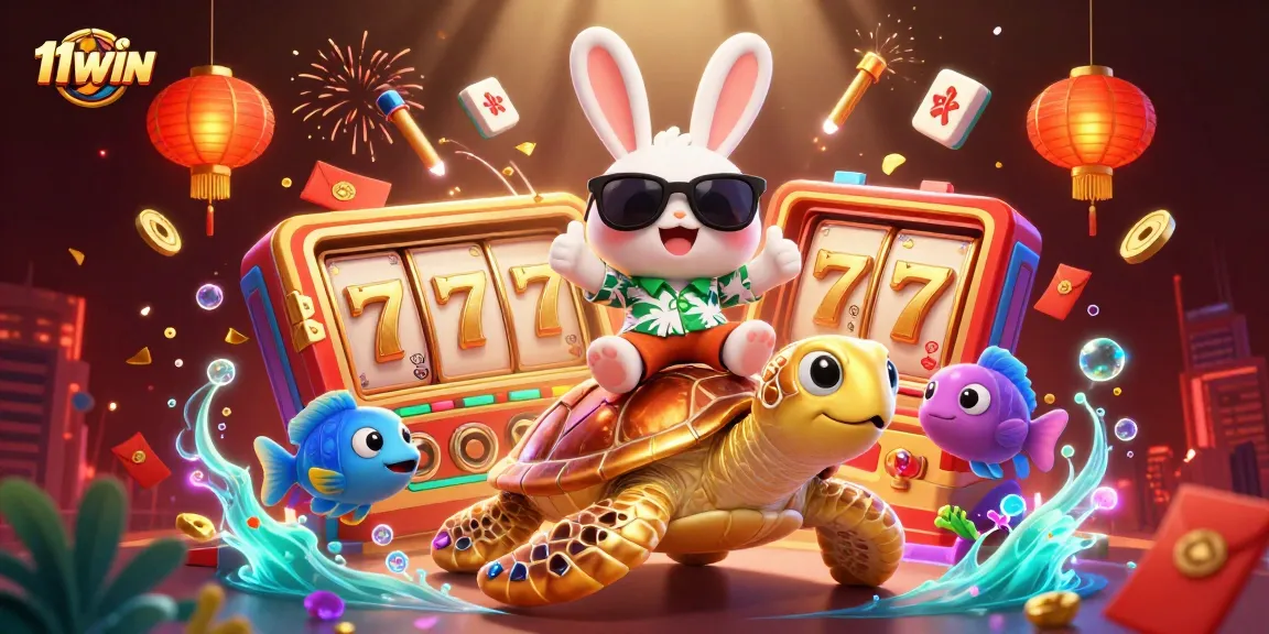Experience the thrill of 11WIN with our vibrant 3D casino illustration featuring a lucky rabbit and golden turtle.