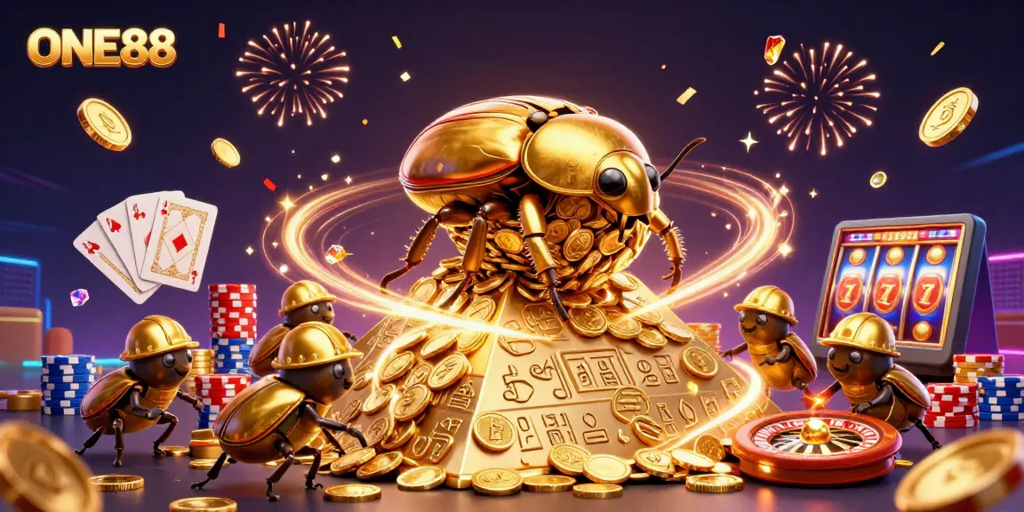 Experience the excitement of ONE88 with a vibrant 3D illustration of golden beetles among cascading casino treasures.