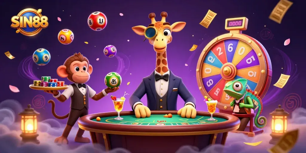 SIN88 engaging scene of a giraffe at a poker table with a monkey and chameleon amidst vibrant casino elements.