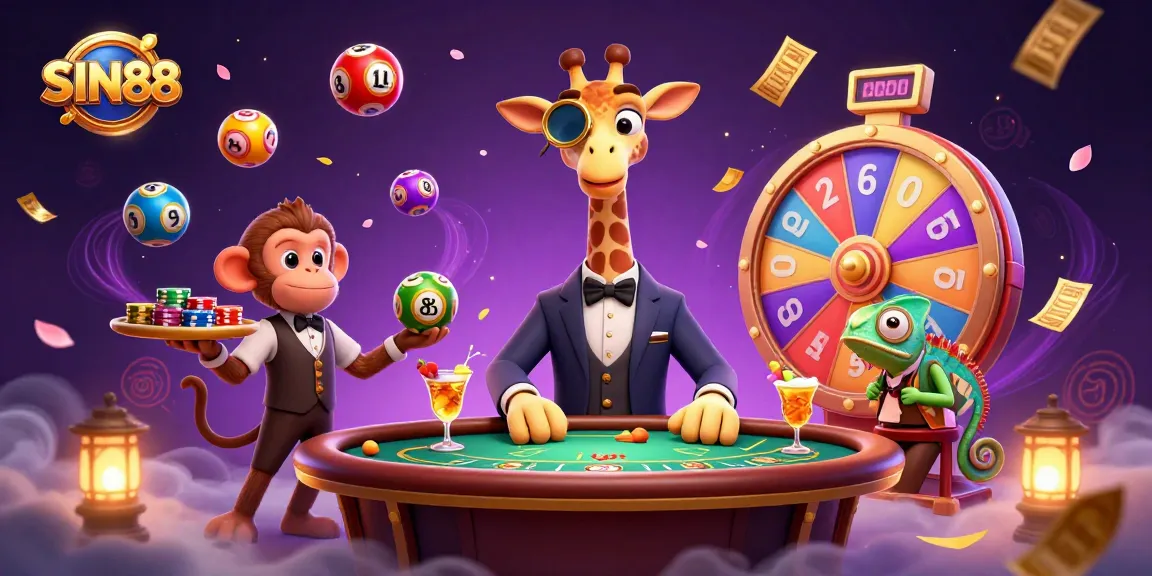 SIN88 engaging scene of a giraffe at a poker table with a monkey and chameleon amidst vibrant casino elements.