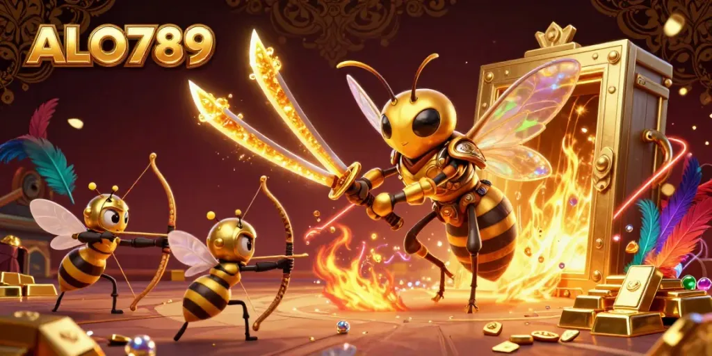 Experience thrilling cockfighting action at ALO789 with exciting gameplay surrounded by golden treasures and animated characters.