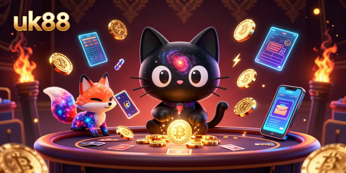 Join the excitement at uk88 with a cosmic casino scene featuring dynamic elements and vibrant characters.