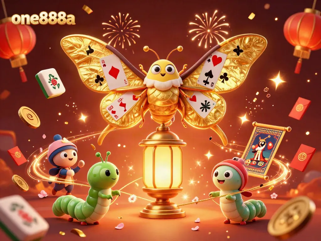 Join the excitement at one888a with a vibrant casino scene featuring golden moths and festive elements.