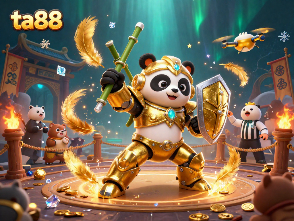 Engage in thrilling ta88 experiences with the animated golden panda battling in a lively 3D arena.