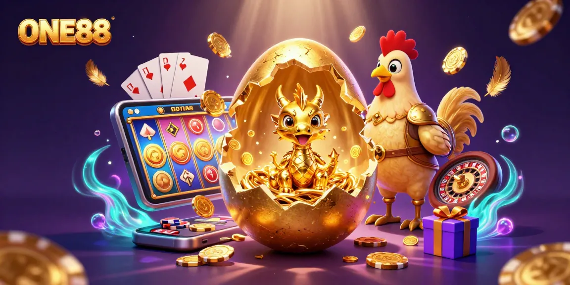 ONE88 captivates with a golden dragon revealing poker chips in a colorful casino scene.