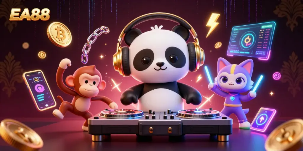 Experience thrilling gameplay at EA88 with a DJ panda, breakdancing monkey, and neon coins.